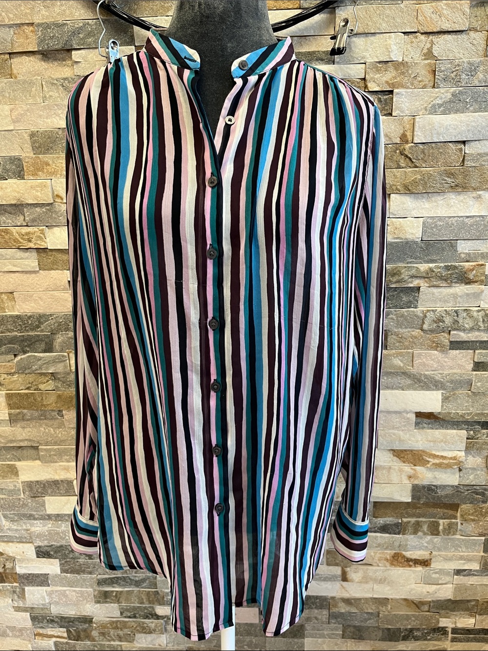 LOFT Vertical Stripe Button-Up Blouse in Teal, Pink & Black